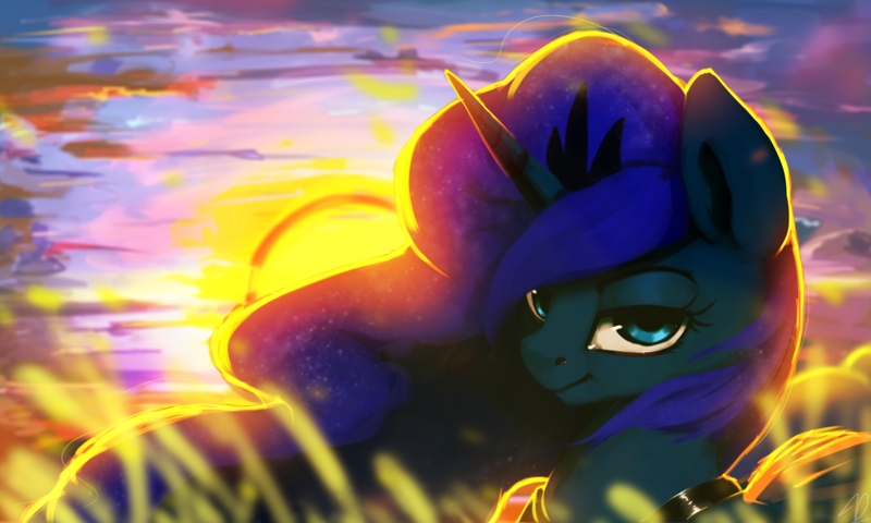 Size: 2852x1711 | Tagged: safe, artist:moondreamer16, derpibooru import, princess luna, alicorn, pony, female, looking at you, mare, smiling, solo, sunset