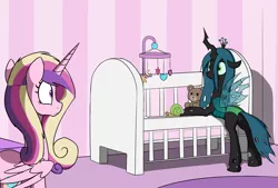 Size: 2160x1456 | Tagged: safe, artist:skitter, derpibooru import, edit, princess cadance, queen chrysalis, whammy, alicorn, changeling, changeling queen, pony, awkward moment, bed, bipedal, bipedal leaning, bugbutt, butt, caught, crib, crib mobile, cropped, duo, eye contact, female, frown, leaning, looking at each other, mare, plot, spread wings, surprised, teddy bear, wide eyes, wings