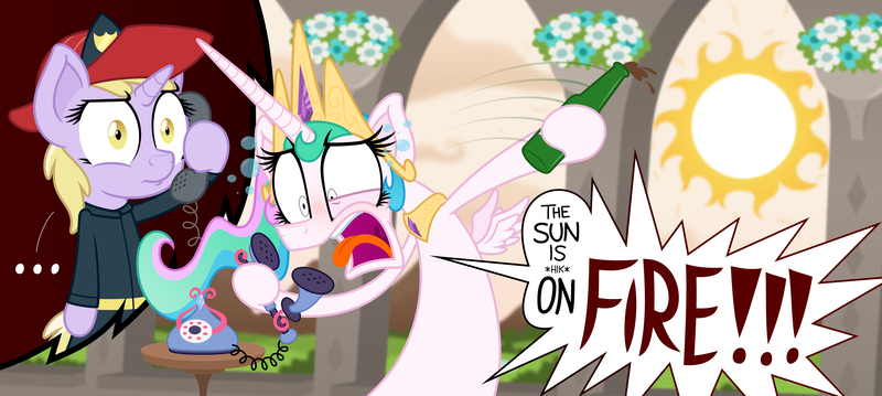 Size: 6708x3008 | Tagged: safe, artist:zutheskunk, derpibooru import, dinky hooves, princess celestia, alicorn, pony, unicorn, ..., absurd resolution, bipedal, blushing, bottle, clothes, cloud, confused, dialogue, drunk, drunk bubbles, drunklestia, duo, female, firefighter, flower, mare, older, screaming, sillestia, silly, silly pony, sky, sun, telephone, tongue out, vector