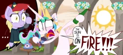 Size: 6708x3008 | Tagged: safe, artist:zutheskunk, derpibooru import, dinky hooves, princess celestia, alicorn, pony, unicorn, ..., absurd resolution, bipedal, blushing, bottle, clothes, cloud, confused, dialogue, drunk, drunk bubbles, drunklestia, duo, female, firefighter, flower, mare, older, screaming, sillestia, silly, silly pony, sky, sun, telephone, tongue out, vector