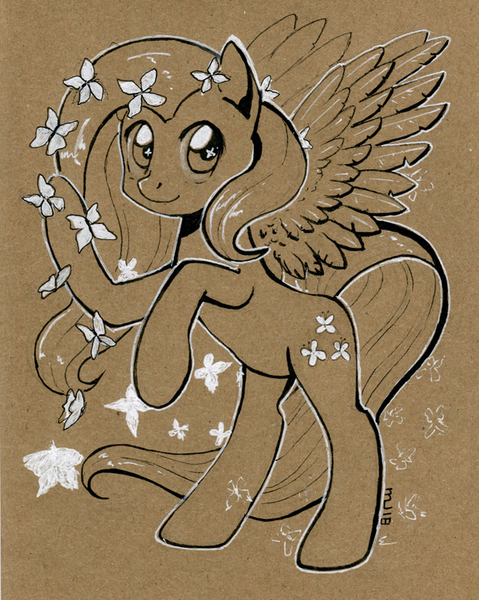 Size: 600x752 | Tagged: safe, artist:maytee, derpibooru import, fluttershy, butterfly, pegasus, pony, colored pencil drawing, female, flower, flower in hair, looking at you, mare, marker drawing, monochrome, rearing, sepia, smiling, solo, spread wings, traditional art, wings