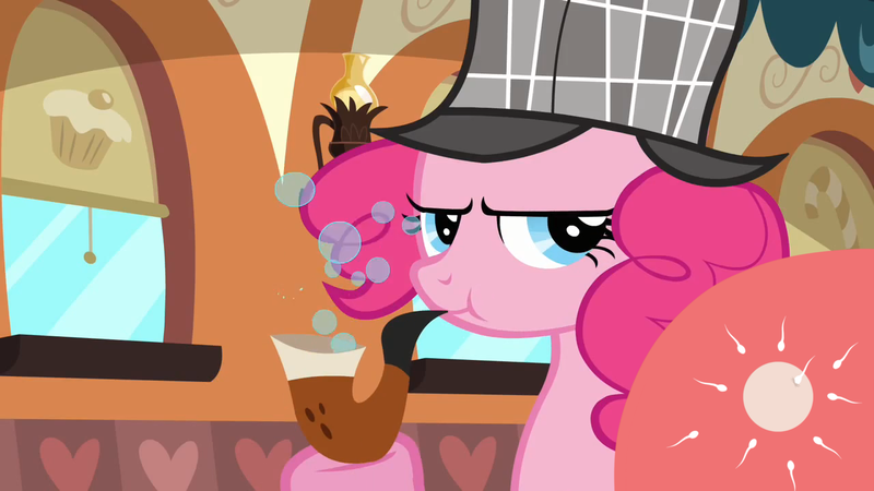 Size: 1280x720 | Tagged: safe, derpibooru import, edit, edited screencap, screencap, pinkie pie, earth pony, pony, mmmystery on the friendship express, an egg being attacked by sperm, bubble pipe, deerstalker, egg cell, female, hat, mare, pipe, solo, spermatozoon