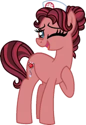 Size: 593x863 | Tagged: safe, artist:starryoak, artist:strawberry-spritz, derpibooru import, oc, oc:ruby rich, unofficial characters only, earth pony, pony, miracleverse, alternate universe, female, mare, nurse, one eye closed, parent:filthy rich, parent:spoiled rich, raised hoof, simple background, smiling, transparent background, vector, wink