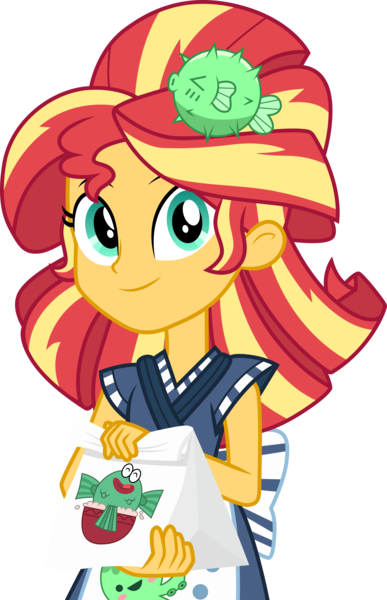 Size: 3000x4650 | Tagged: safe, artist:cloudyglow, derpibooru import, sunset shimmer, eqg summertime shorts, equestria girls, good vibes, alternate hairstyle, apron, bag, clothes, female, happi, high res, looking at you, simple background, smiling, solo, standing, sunset sushi, transparent background, uniform, vector