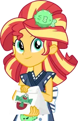 Size: 3000x4650 | Tagged: safe, artist:cloudyglow, derpibooru import, sunset shimmer, eqg summertime shorts, equestria girls, good vibes, alternate hairstyle, apron, bag, clothes, female, happi, high res, looking at you, simple background, smiling, solo, standing, sunset sushi, transparent background, uniform, vector