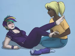 Size: 2048x1536 | Tagged: suggestive, artist:incendiaryboobs, derpibooru import, applejack, rarity, human, alternate hairstyle, anklet, barefoot, blue background, blushing, breasts, choker, clothes, crying, cute, dark skin, ear piercing, earring, eyeshadow, feet, female, fetish, foot fetish, freckles, humanized, jackabetes, jacket, jeans, jewelry, laughing, leather jacket, lesbian, lip piercing, makeup, pants, piercing, punk, raribetes, rarijack, raripunk, shipping, shoes, simple background, socks, spiked choker, spiked wristband, tears of laughter, tickling, wristband