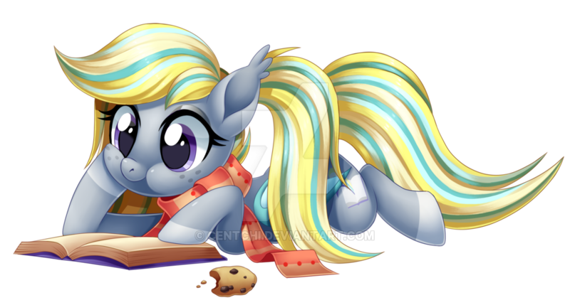 Size: 1024x549 | Tagged: safe, artist:centchi, derpibooru import, oc, oc:booker, unofficial characters only, earth pony, pony, book, clothes, cookie, female, food, mare, prone, scarf, simple background, solo, transparent background, watermark