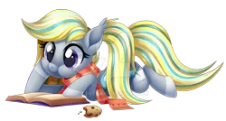 Size: 1024x549 | Tagged: safe, artist:centchi, derpibooru import, oc, oc:booker, unofficial characters only, earth pony, pony, book, clothes, cookie, female, food, mare, prone, scarf, simple background, solo, transparent background, watermark