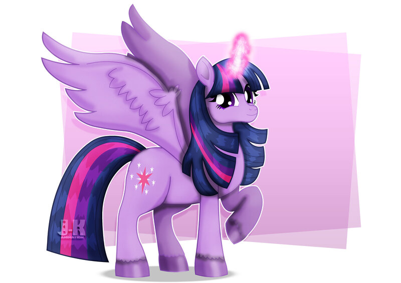 Size: 1600x1131 | Tagged: safe, artist:jotakaanimation, derpibooru import, twilight sparkle, twilight sparkle (alicorn), alicorn, pony, abstract background, female, glowing horn, mare, raised hoof, smiling, solo, unshorn fetlocks