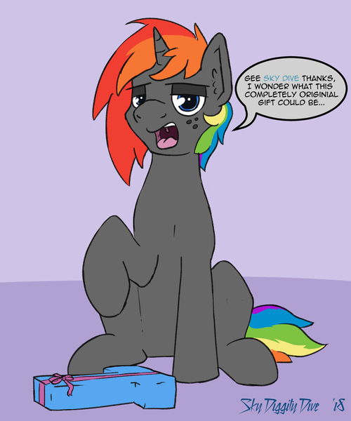 Size: 1250x1500 | Tagged: questionable, artist:skydiggitydive, derpibooru import, oc, oc:krylone, unofficial characters only, unicorn, 2018, dildo, present, rainbow hair, raised hoof, sarcasm, sex toy, sitting, speech