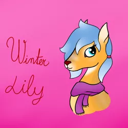 Size: 800x800 | Tagged: artist:dyonys, bust, clothes, deer, derpibooru import, oc, oc:winter lily, safe, scarf, simple background, sketch, smiling, text, unofficial characters only