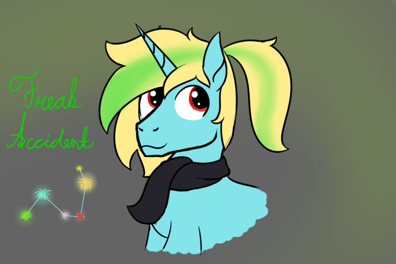 Size: 1200x800 | Tagged: safe, artist:dyonys, derpibooru import, oc, oc:freak accident, unofficial characters only, unicorn, bust, clothes, cutie mark, male, scarf, simple background, sketch, smiling, stallion, text