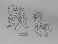 Size: 4160x3120 | Tagged: safe, artist:jrapcdaikari, derpibooru import, oc, oc:gravity check, oc:paladin colt, unofficial characters only, pegasus, pony, unicorn, armor, duo, looking at each other, monochrome, royal guard, royal guard armor, traditional art