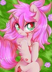 Size: 600x830 | Tagged: safe, artist:cabbage-arts, derpibooru import, oc, oc:ana amira, unofficial characters only, pony, succubus, unicorn, body markings, cute, female, flower, grass, looking at you, lying down, mare, ocbetes, on back, solo, wide eyes, ych result