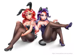 Size: 1300x966 | Tagged: suggestive, artist:racoonsan, derpibooru import, starlight glimmer, sunset shimmer, human, :p, adorasexy, animal costume, blushing, bowtie, breasts, bunny ears, bunny suit, bunny tail, busty starlight glimmer, cat ears, cat tail, cleavage, clothes, costume, cute, duo, duo female, female, glimmerbetes, high heels, humanized, leotard, light skin, looking at you, makeup, pantyhose, playboy bunny, raised eyebrow, raised leg, sexy, shimmerbetes, shoes, simple background, sitting, smiling, stupid sexy starlight glimmer, stupid sexy sunset shimmer, tail, tongue out, underass, white background