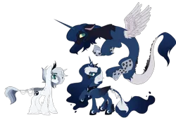 Size: 2270x1555 | Tagged: safe, artist:aquadove, derpibooru import, princess luna, oc, oc:atlas, oc:libra, classical unicorn, draconequus, hybrid, unicorn, alternate design, cloven hooves, colt, draconequus oc, ethereal mane, female, half-siblings, interspecies offspring, leonine tail, male, offspring, parent:discord, parent:princess luna, parent:unnamed oc, parents:canon x oc, parents:lunacord, simple background, starry mane, transparent background, unshorn fetlocks