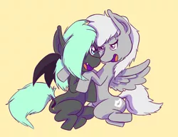 Size: 1300x1000 | Tagged: safe, artist:skeletonburglar, derpibooru import, oc, unofficial characters only, bat pony, pegasus, pony, bat pony oc, cuddling, female, happy, hug, lesbian, looking at each other, oc x oc, open mouth, shipping, simple background