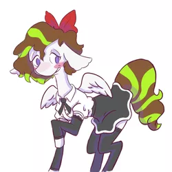 Size: 1300x1300 | Tagged: safe, artist:skeletonburglar, derpibooru import, oc, oc:chemical flare, unofficial characters only, pegasus, pony, blushing, clothes, crossdressing, male, simple background, skirt, smiling, stallion, stockings, tall, thigh highs, trap, white background