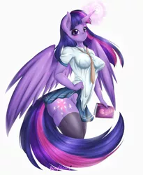 Size: 1211x1480 | Tagged: alicorn, alternate version, anthro, artist:bunnywhiskerz, book, bottomless, breasts, clothes, commando, derpibooru import, female, mare, miniskirt, no panties, partial nudity, pleated skirt, school uniform, simple background, skirt, skirt lift, socks, solo, solo female, suggestive, thigh highs, twilight sparkle, twilight sparkle (alicorn), vacuum sealed clothing, zettai ryouiki