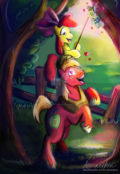 Size: 1024x1489 | Tagged: safe, artist:mad--munchkin, derpibooru import, apple bloom, big macintosh, smarty pants, earth pony, pony, brother and sister, female, fence, heart, heart eyes, male, ponies riding ponies, rearing, riding, siblings, tree, watermark, wingding eyes