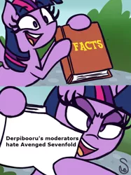 Size: 760x1015 | Tagged: alicorn, artist:quarium edits, avenged sevenfold, avenged sevenfold sucks, derpibooru import, ed edd n eddy, edit, exploitable meme, fact, female, mare, meme, metal elitism, mouthpiece, safe, solo, truth, twilight's fact book, twilight sparkle, twilight sparkle (alicorn)