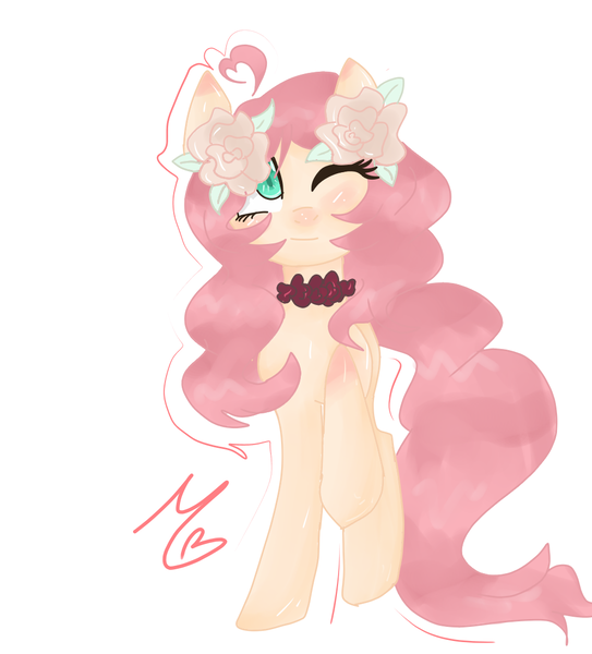 Size: 1000x1104 | Tagged: safe, artist:blueblueberry99, derpibooru import, oc, oc:beth rose, unofficial characters only, earth pony, pony, aqua eyes, blushing, choker, flower, flower in hair, one eye closed, original character do not steal, pink mane, simple background, white background, wink