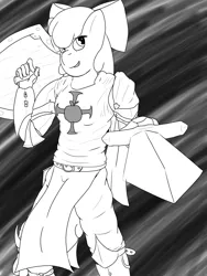 Size: 2700x3600 | Tagged: anthro, apple bloom, armor, artist:quickwinter, christianity, clothes, cross, crusader, derpibooru import, fantasy class, female, knight, lineart, paladin, pants, religious headcanon, safe, shield, solo, sword, warrior, weapon