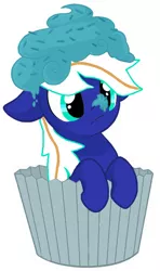 Size: 418x705 | Tagged: safe, artist:miikanism, derpibooru import, edit, oc, oc:electric blue, unofficial characters only, pegasus, pony, base used, cream, cupcake, floppy ears, food, frosting, micro, simple background, solo, sprinkles, surprised, white background