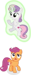 Size: 4782x11465 | Tagged: safe, artist:lahirien, artist:punzil504, artist:thatguy1945, derpibooru import, scootaloo, sweetie belle, pony, unicorn, absurd resolution, female, filly, glowing horn, levitation, magic, open mouth, raised hoof, scootaloo can't fly, scootaloo is not amused, self-levitation, simple background, sweetie belle's magic brings a great big smile, telekinesis, the cmc's cutie marks, transparent background, unamused, underhoof, you gotta be kidding me