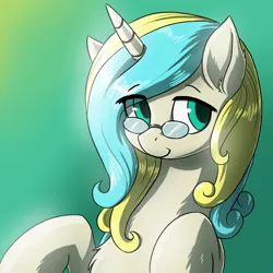Size: 3250x3250 | Tagged: safe, artist:the-minuscule-task, derpibooru import, oc, oc:marshmallow creme, unofficial characters only, pony, unicorn, commission, female, glasses, high res, looking at you, mare, smiling, solo
