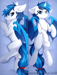 Size: 1024x1351 | Tagged: safe, artist:scarlet-spectrum, derpibooru import, oc, oc:sparky, unofficial characters only, bat pony, pony, bat pony oc, body pillow, body pillow design, commission, ear fluff, horn, lying down, male, on back, side, signature, solo, stallion