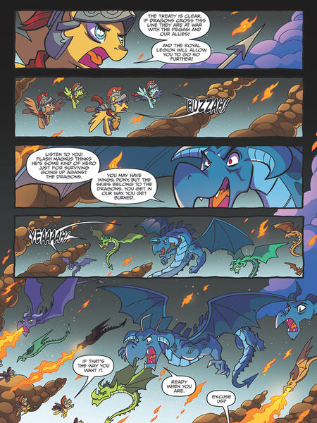 Size: 768x1024 | Tagged: safe, artist:tonyfleecs, derpibooru import, idw, flash magnus, amphiptere, dragon, pegasus, pony, legends of magic, spoiler:comic, spoiler:comiclom10, comic, male, official comic, preview, royal legion, stallion