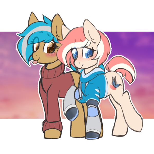 Size: 2500x2500 | Tagged: safe, artist:mimisaurusrex, derpibooru import, oc, oc:blush, oc:valencia blossom, unofficial characters only, earth pony, pony, amputee, blushing, clothes, ear fluff, female, hoodie, lesbian, looking down, mare, missing limb, prosthetic limb, prosthetics, raised eyebrow, shipping, simple background, standing, sweater, tongue out, transparent background, trotting, walking, wingding eyes