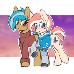 Size: 2500x2500 | Tagged: safe, artist:mimisaurusrex, derpibooru import, oc, oc:blush, oc:valencia blossom, unofficial characters only, earth pony, pony, amputee, blushing, clothes, ear fluff, female, hoodie, lesbian, looking down, mare, missing limb, prosthetic limb, prosthetics, raised eyebrow, shipping, simple background, standing, sweater, tongue out, transparent background, trotting, walking, wingding eyes