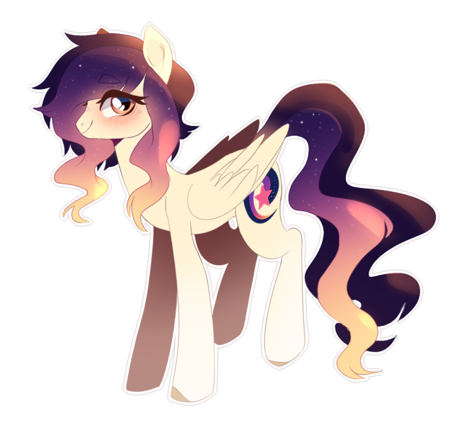 Size: 1168x1046 | Tagged: safe, artist:kag-bag, derpibooru import, oc, oc:ester dawn, unofficial characters only, pegasus, pony, cutie mark, ethereal mane, female, looking at you, mare, multicolored mane, multicolored tail, orange eyes, pale coat, simple background, smiling, solo, starry mane, transparent background