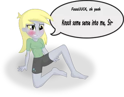 Size: 7627x5990 | Tagged: suggestive, artist:cinderfall, derpibooru import, derpy hooves, equestria girls, absurd resolution, barefoot, breasts, clothes, dialogue, feet, female, fetish, implied sex, injured, rough sex, shorts, simple background, slapping, solo, solo female, speech, transparent background, vector, vulgar