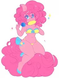 Size: 840x1106 | Tagged: suggestive, artist:ashiji, artist:sugaryrainbow, derpibooru import, pinkie pie, anthro, unguligrade anthro, bicolor swimsuit, bikini, bow swimsuit, breasts, busty pinkie pie, candy, cleavage, clothes, female, food, heart eyes, hooves, huge tail, lollipop, looking at you, simple background, solo, solo female, swimsuit, white background, wingding eyes, yellow swimsuit