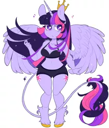 Size: 940x1097 | Tagged: suggestive, artist:ashiji, artist:sugaryrainbow, derpibooru import, twilight sparkle, alicorn, anthro, belly button, both cutie marks, bra, breasts, cleavage, clothes, crown, female, hooves, horn, jewelry, leonine tail, lingerie, panties, regalia, shorts, simple background, solo, solo female, starry eyes, twilight sparkle (alicorn), underwear, unshorn fetlocks, white background, wingding eyes