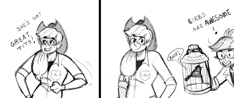 Size: 1224x515 | Tagged: suggestive, derpibooru import, applejack, rainbow dash, bird, human, tit (bird), ask nerd dash, appledash, black and white, cage, comic, female, grayscale, humanized, lesbian, monochrome, pun, shipping, visual pun