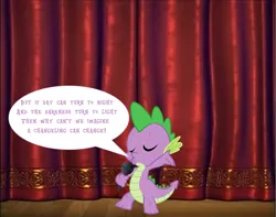 Size: 1278x1008 | Tagged: a changeling can change, curtains, derpibooru import, dragon, microphone, safe, singing, solo, song, spike, stage, the times they are a changeling