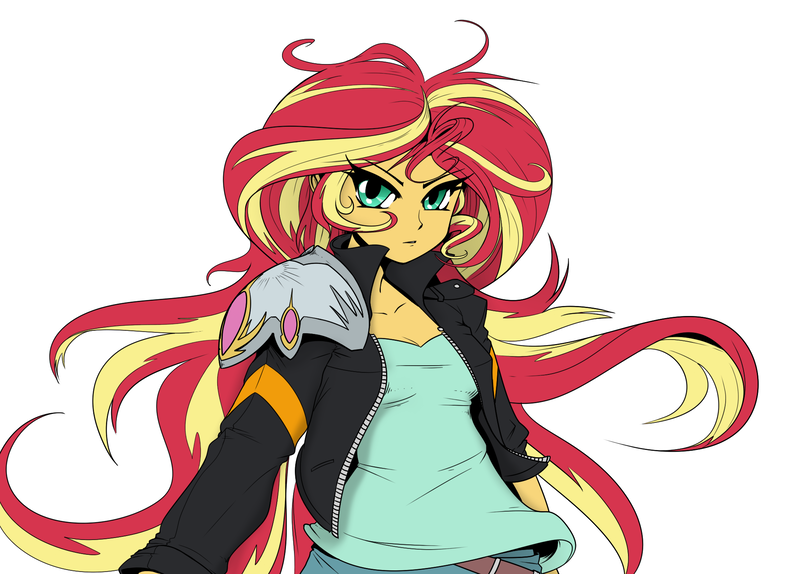 Size: 2000x1435 | Tagged: safe, artist:reiduran, derpibooru import, edit, sunset shimmer, equestria girls, clothes, jacket, looking at you, magic knight rayearth, magical sunset-chan, simple background, sketch, solo, white background