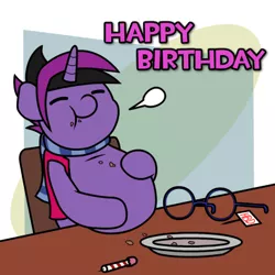 Size: 400x400 | Tagged: belly, big belly, birthday, candle, chair, chubby, clothes, crumbs, cute, derpibooru import, fat, glasses, gut rest, happy, happy birthday, oc, oc:midnight coda, safe, scarf, solo, stuffed, table, unofficial characters only, vest