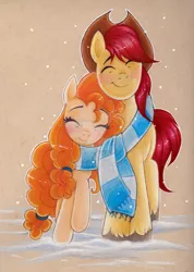 Size: 1024x1439 | Tagged: safe, artist:karzii, derpibooru import, bright mac, pear butter, earth pony, pony, the perfect pear, blushing, brightbutter, brown background, clothes, deviantart watermark, eyes closed, female, male, obtrusive watermark, scarf, shared clothing, shared scarf, shipping, simple background, smiling, snow, snuggling, straight, traditional art, watermark, winter