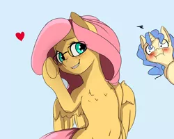 Size: 2500x2000 | Tagged: dead source, safe, artist:miokomata, derpibooru import, fluttershy, oc, pegasus, semi-anthro, unicorn, :i, blushing, bust, chest fluff, cute, cute little fangs, fangs, female, freckles, glasses, heart, looking at you, looking sideways, mare, shrunken pupils, simple background, smiling, underhoof, wings