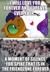 Size: 500x720 | Tagged: safe, artist:magpie-pony, artist:stay gold, derpibooru import, edit, capper dapperpaws, rarity, cat, unicorn, my little pony: the movie, army men, baby, capperity, female, friendzone, male, meme, parody, scene parody, shipping, straight, text, this will end in tears and/or death