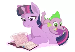 Size: 1238x862 | Tagged: safe, artist:savvyartz, derpibooru import, spike, twilight sparkle, twilight sparkle (alicorn), alicorn, dragon, pony, unicorn, baby, baby dragon, book, bookmark, comic book, cute, duo, female, folded wings, glowing horn, green eyes, horn, magic, male, mare, open mouth, page, reading, scales, signature, simple background, smiling, spikabetes, telekinesis, white background, wings