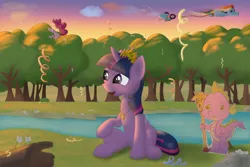 Size: 1024x683 | Tagged: safe, artist:rautaketju13, derpibooru import, pinkie pie, rainbow dash, spike, twilight sparkle, dragon, pony, cardboard cutout, cardboard spike, confetti, crown, gift art, jewelry, morning, necklace, new crown, party, party cannon, regalia, scepter, sunlight, twilight scepter, vietnam