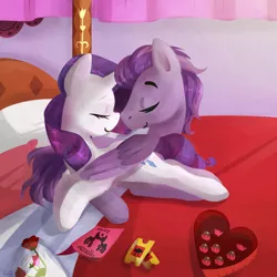 Size: 2500x2500 | Tagged: safe, artist:goshhhh, derpibooru import, rarity, oc, oc:kydose, pegasus, pony, unicorn, bed, boop, canon x oc, carousel boutique, chocolate, cuddling, eyes closed, female, flower, food, hearts and hooves day, hug, love, male, mare, noseboop, raridose, shipping, smiling, snuggling, stallion, tickets, winghug