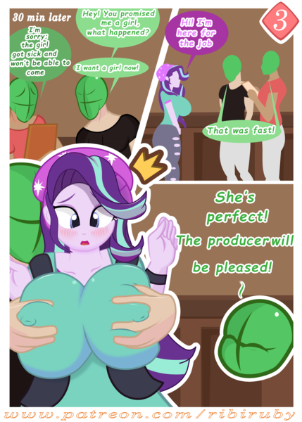 Size: 2000x2800 | Tagged: questionable, artist:ribiruby, derpibooru import, starlight glimmer, oc, oc:anon, comic:in the wrong place, equestria girls, beanie, big breasts, blushing, breast fondling, breast grab, breasts, busty starlight glimmer, clipboard, clothes, comic, dialogue, erect nipples, female, grope, happy, hat, huge breasts, looking at each other, male, molestation, nipple outline, nipples, nudity, shocked, skintight clothes