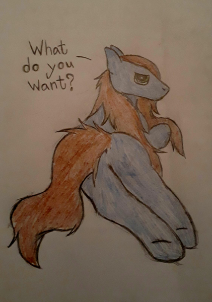 Size: 1123x1600 | Tagged: questionable, derpibooru import, oc, oc:greaseball, unofficial characters only, earth pony, pony, brown mane, brown tail, dialogue, ears up, gelding, gray coat, hind legs, long mane, long tail, looking at you, male, plot, question mark, rear view, side, simple background, solo, traditional art, white background